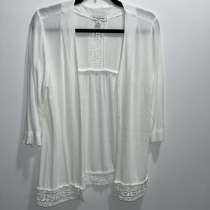 Studio Works Lace White Cardigan 3/4 Sleeves Size PM Lightweight Open Cover-Up